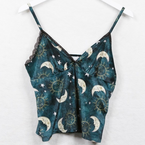 ROMWE Celestial Velvet Cami Top Teal Sun Moon Star Lace Trim Y2K 90s Sz L - Picture 1 of 4